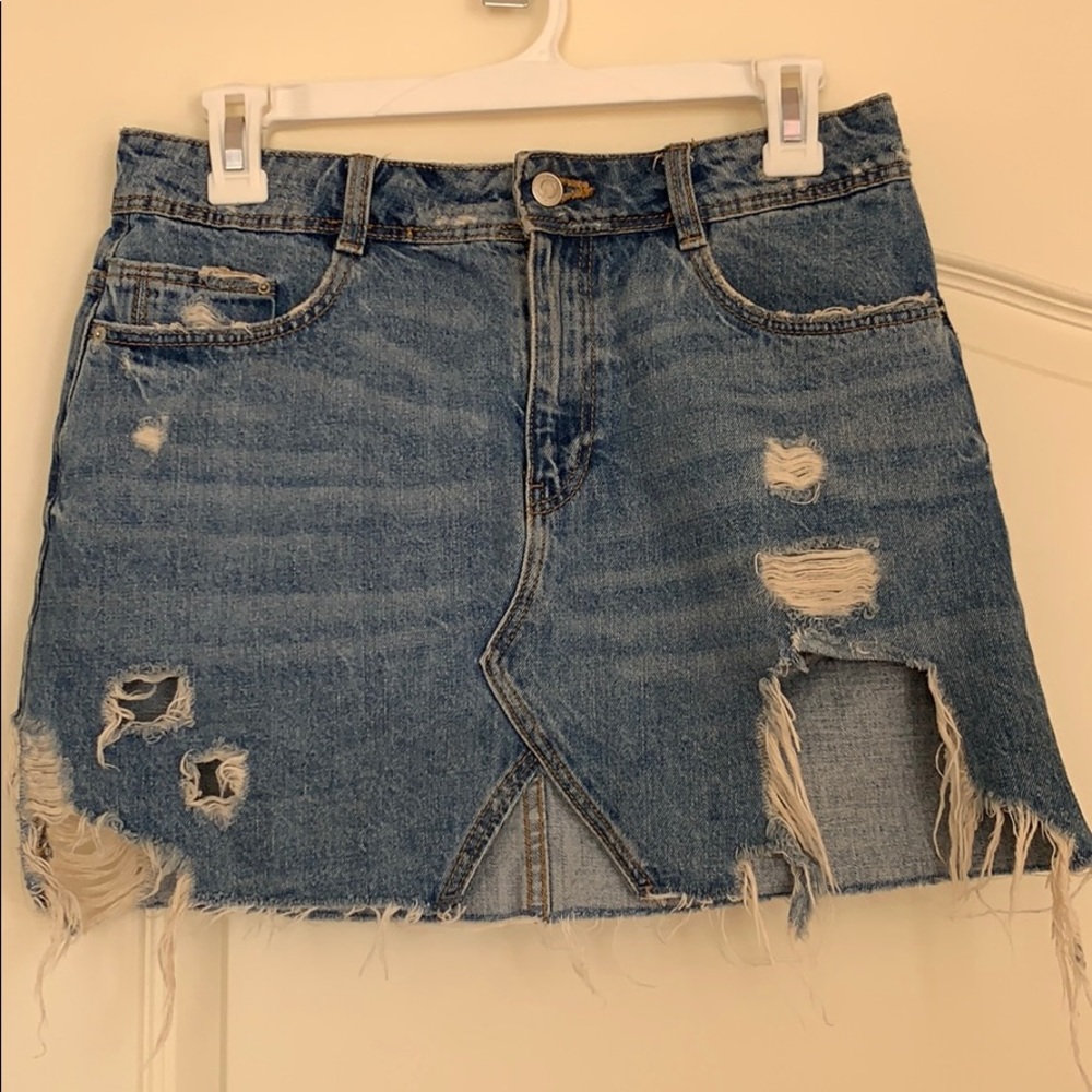 Distressed jean skirt!